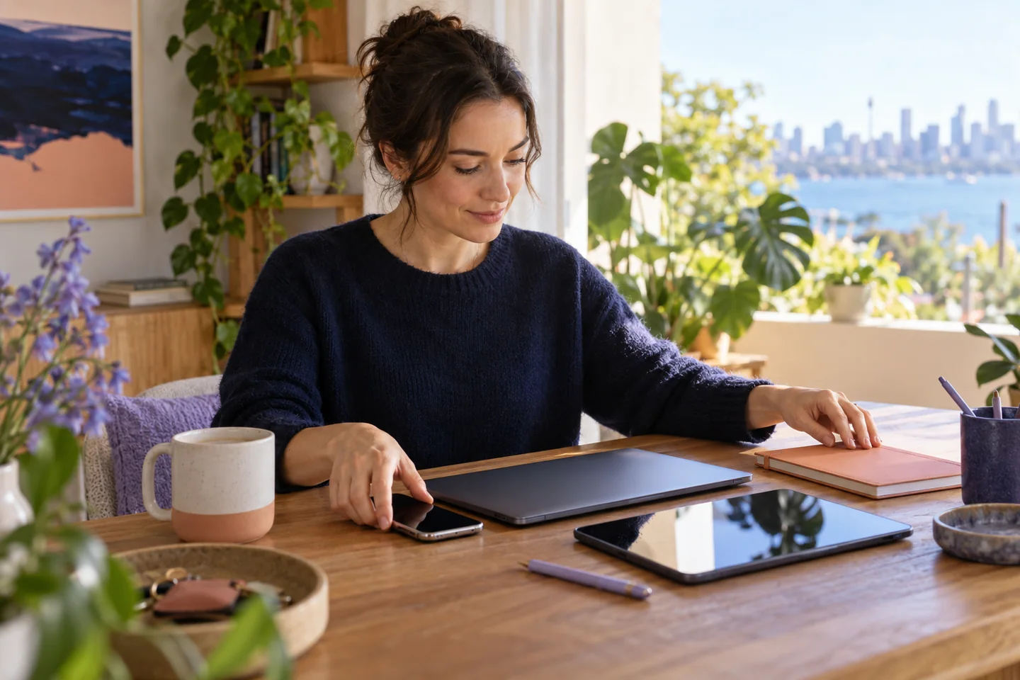 An adult organising personal devices and a notebook at home