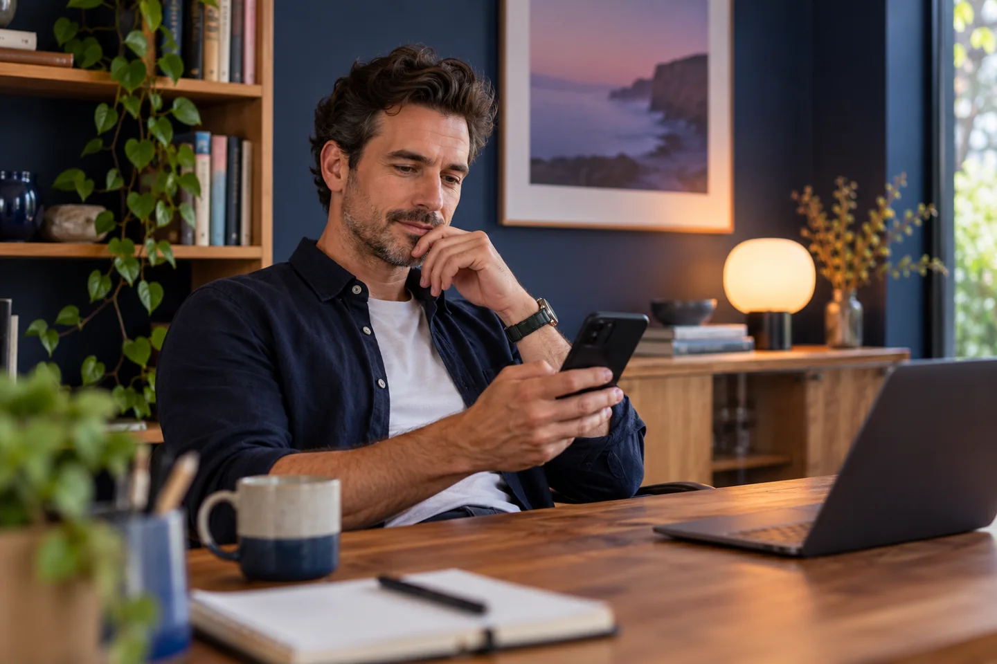 An adult privately reviewing a phone at a home workspace