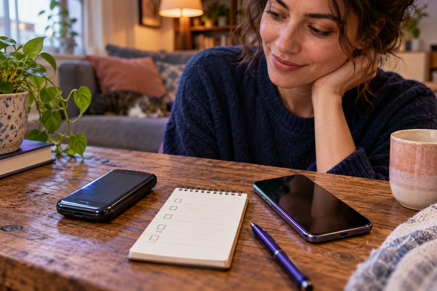 Two unbranded phones beside a blank transfer checklist