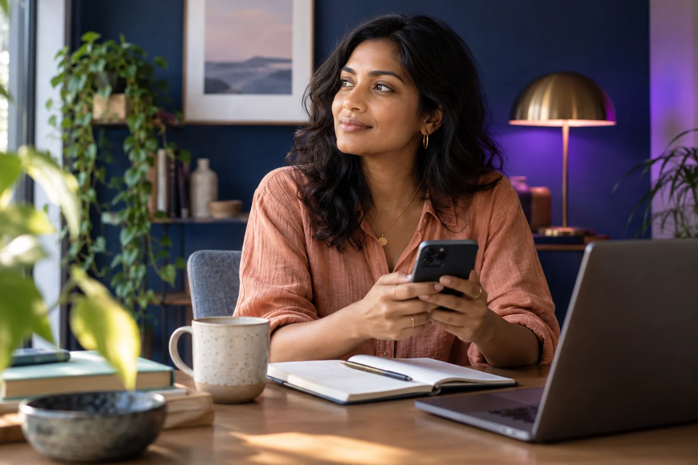 A person considering their own smartphone at a navy-toned desk