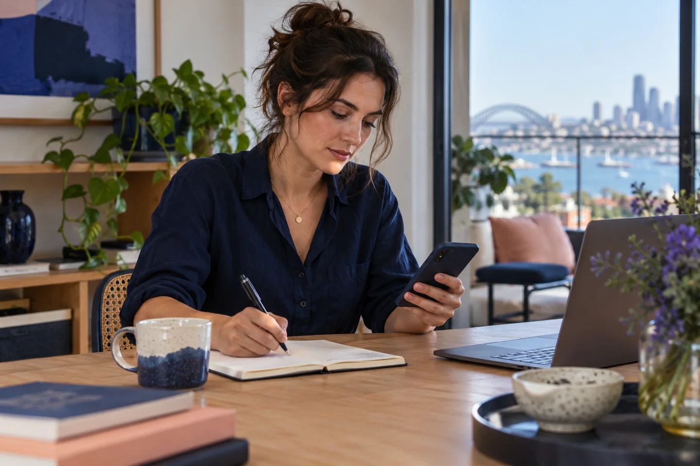 A person organising questions beside a smartphone