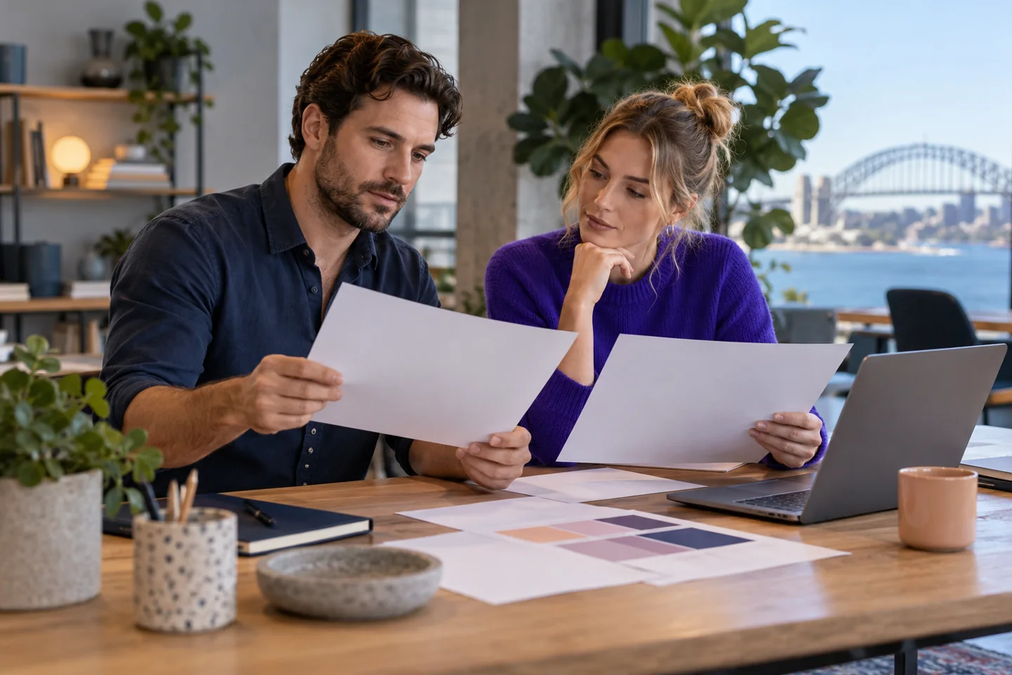 Two people comparing reference sheets beside a laptop